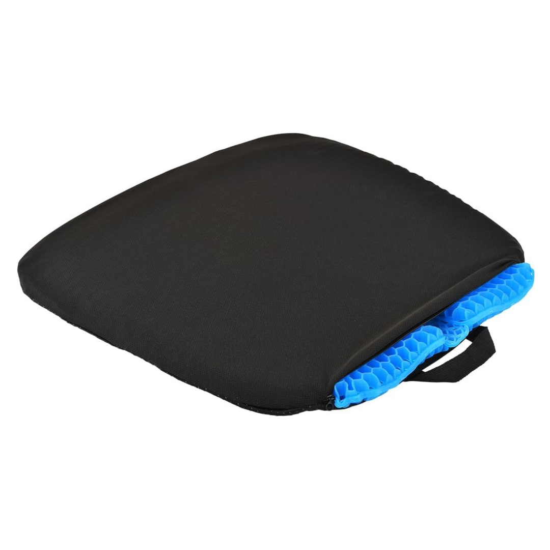 The Nova Medical Happy Collection Back and Lumbar Support Gel Cushions feature a black cover with a slightly exposed blue gel honeycomb core and include a side handle, providing seating comfort with pressure relief and support.